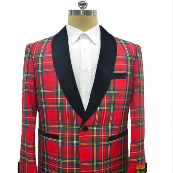Mens Tartan Christmas Plaid Holiday Blazer in Red